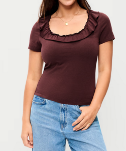 snug-fitting scoop-neck wine-colored blouse with a ruffle trim around the neckline