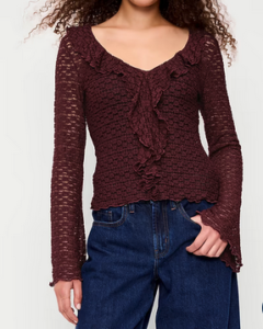 long-sleeved wine-colored lace cardigan, snug fitting with a medium-deep neckline and bell sleeves