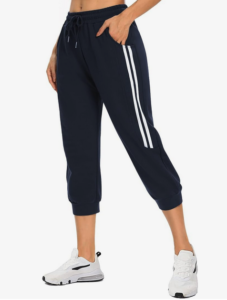 navy blue capri-length sweatpants with a cute white stripe up the side of the leg
